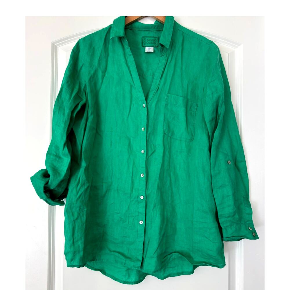 Sigrid Olsen 100% Linen Button Down Shirt Green Roll Tab Sleeve Size: Large